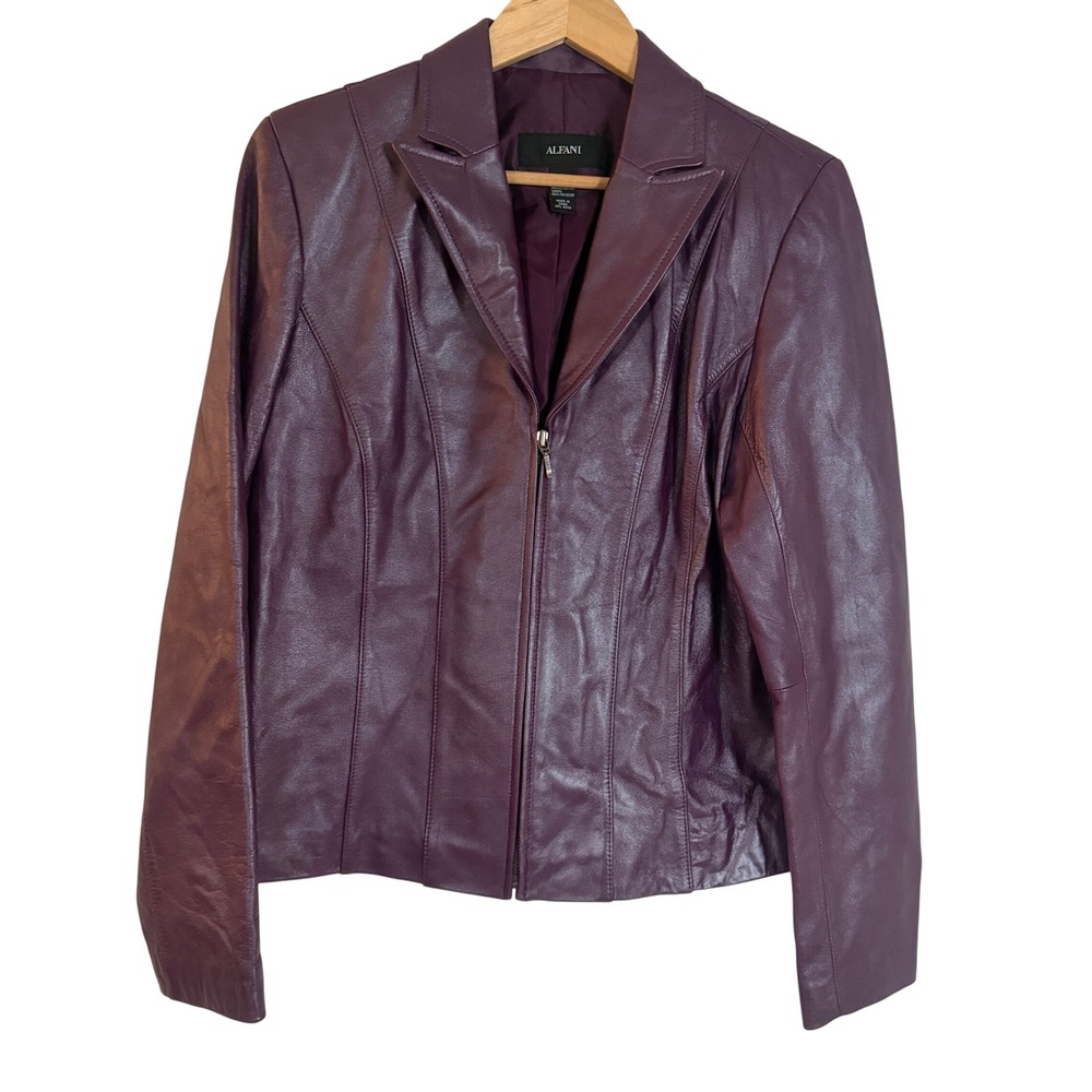 Alfani Leather Jacket Womens Large Purple Excellent Zip Front Blazer Moto Coat